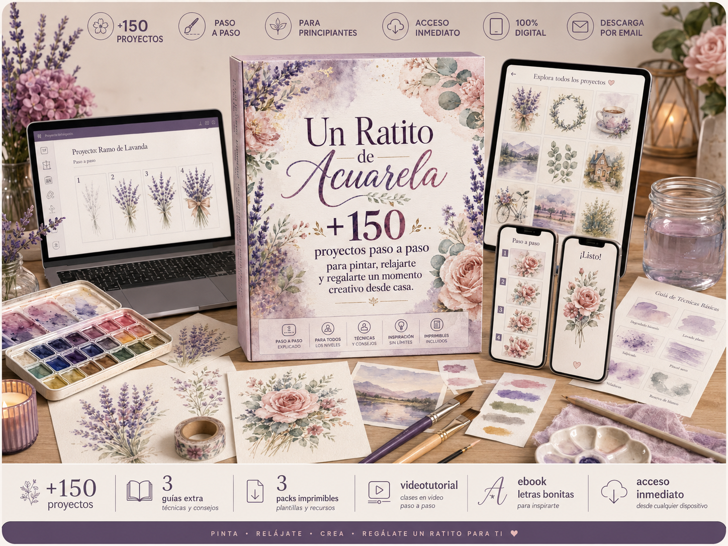 Un Ratito de Acuarela +150 proyectos para aprender a dibujar + 3 bonos incluidos y Megapack de dibujos imprimibles para pintar